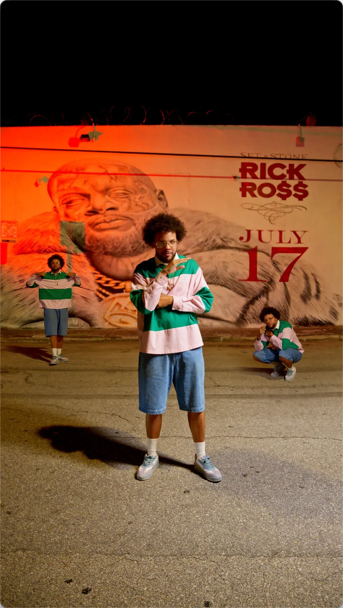 Three versions of XLEONDUZ composited in one frame in front of the Rick Ross mural.